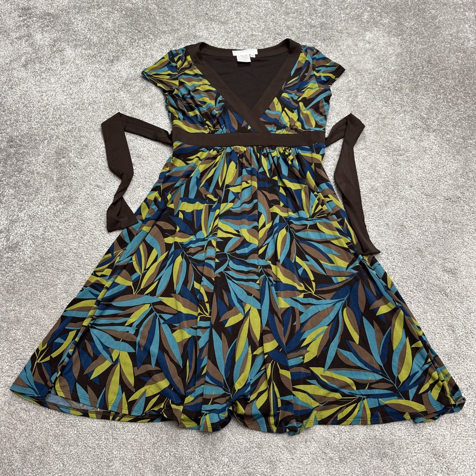 Maggy London Vintage Leaf Print Midi Wrap Dress Womens 6p Brown Blue Casual Boho